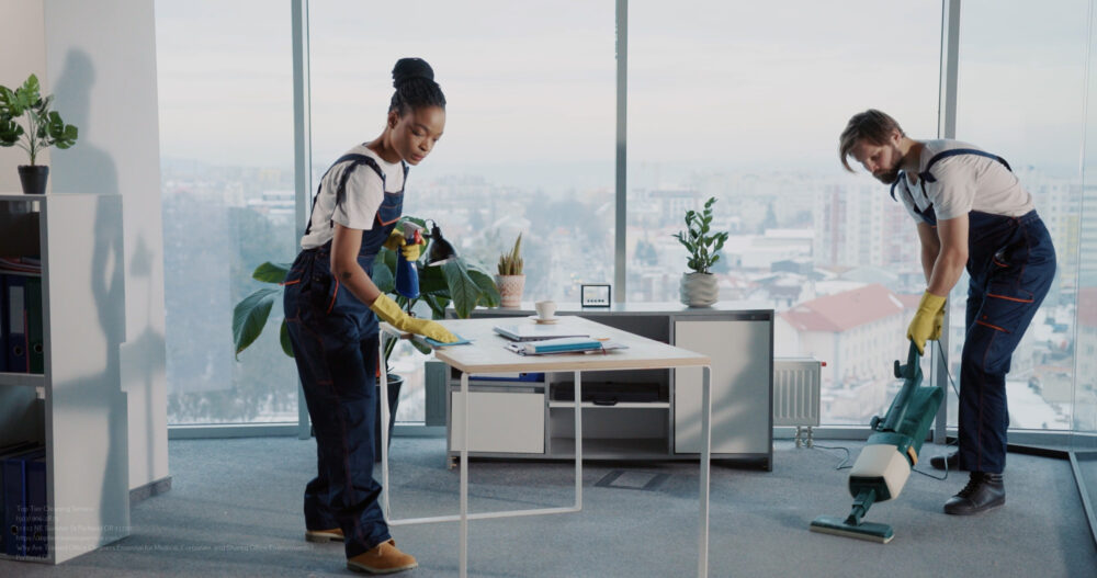 Janitor Team Of Multi Ethnic People Cleaning Corporate Office Company Room. Young Caucasian Manin Uniform Using Vacuum Cleaner.